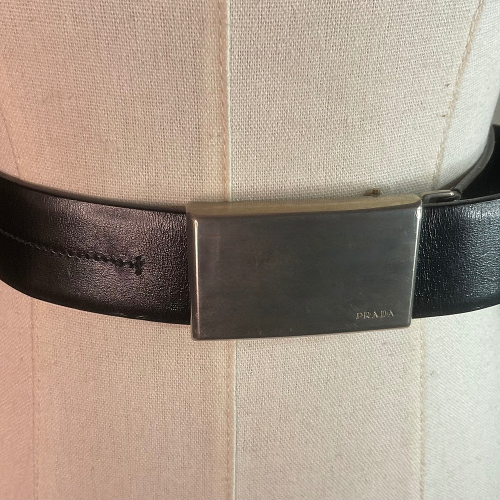 PRADA Vintage Military Buckle Black Leather 30/75 w center seam